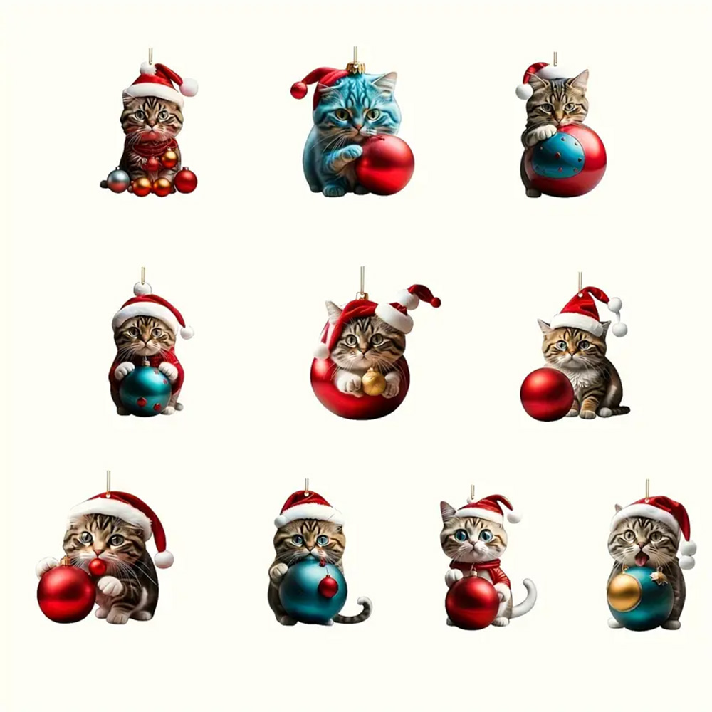Liangyou Household (jinhua) Co., Ltd 2D Acrylic Cat Ornaments Set Festive 10 PCS Hanging Christmas Decorations No Feathers No Power Required for Cat Lovers