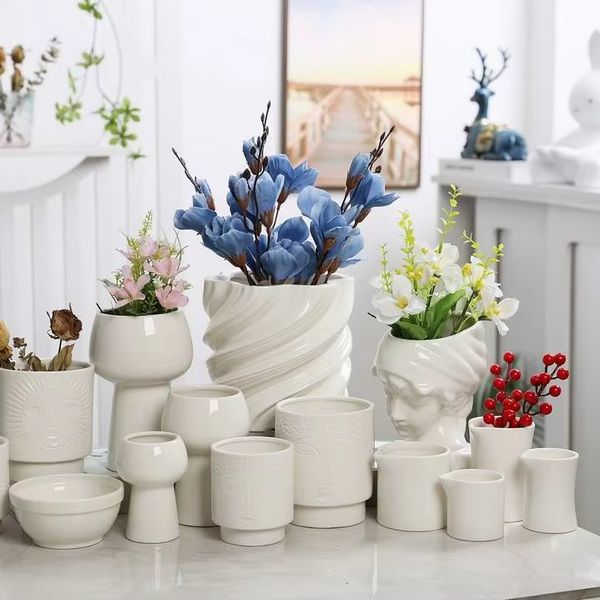 Modern Scandinavian Ins Style Matt White Ceramic Vase Indoor Home Decor with Creative  Flower Arrangement for Indoor Ornament