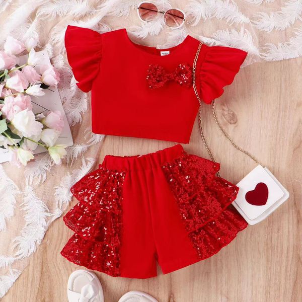 Hot Sale Trendy Kids' Clothes Girls Bow Camisole Top+Frill Sequin Shorts 2pcs Summer Children Outfit Sets For Girls