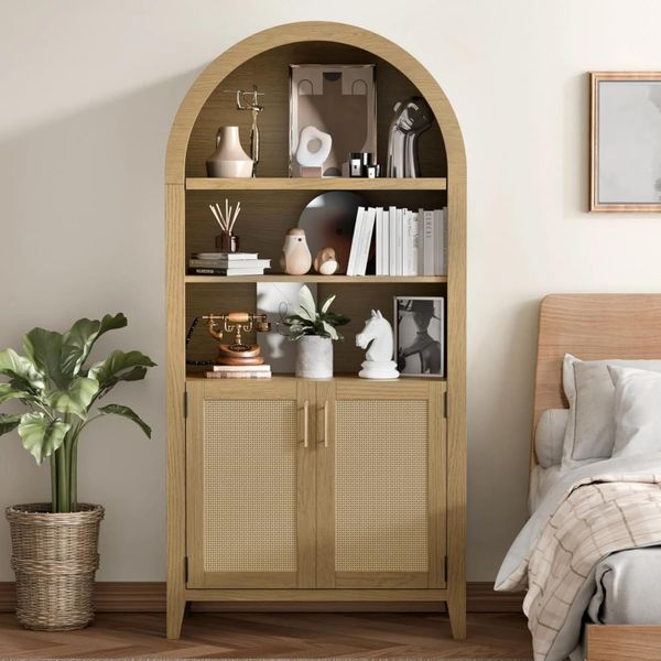 Farmhouse Oak Arched Storage Rattan Display Cabinet with Adjustable Shelf for Living Room Bedroom and Kitchen Room