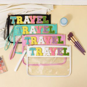 RTS Factory Wholesale Letter Clear Bag Letter Pink PVC Transparent Makeup Pouch Waterproof Travel Makeup Bag for Women Girls