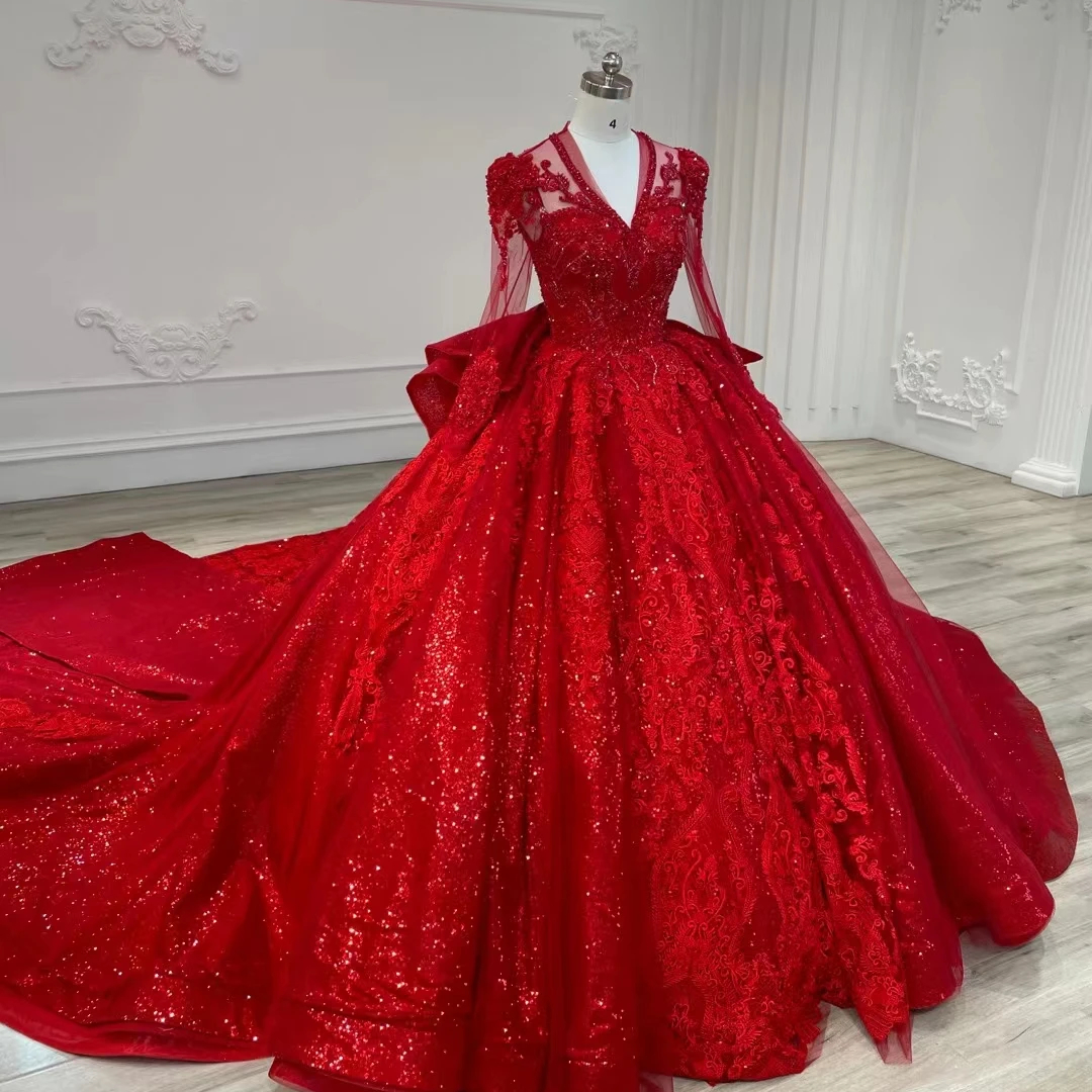 Chongqing Obetti Trading Co., Ltd. OBETTI LLH0009 Luxury red muslim wedding dress queen neck empire bridal dress heavy beaded wedding gown