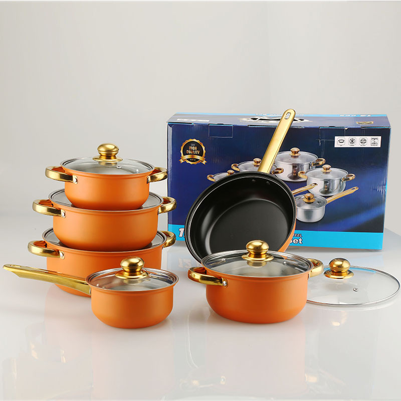 Yiwu Kangpahe Kitchenware Co., Ltd. Manufacturers wholesale stainless steel cookware set household orange gold handle stainless steel set pot