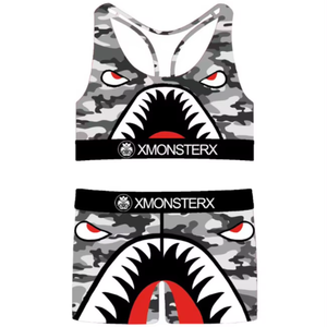New Arrival Customized Shark Mouth Printed Beach Two Piece Women Polyester Sports Bra Panty Sets