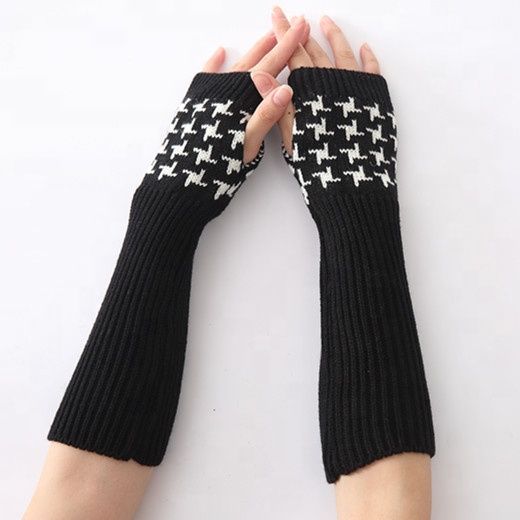 Women s Cable Knit Fingerless Acrylic Gloves Arm Warmers with houndstooth check Thumbhole Mittens