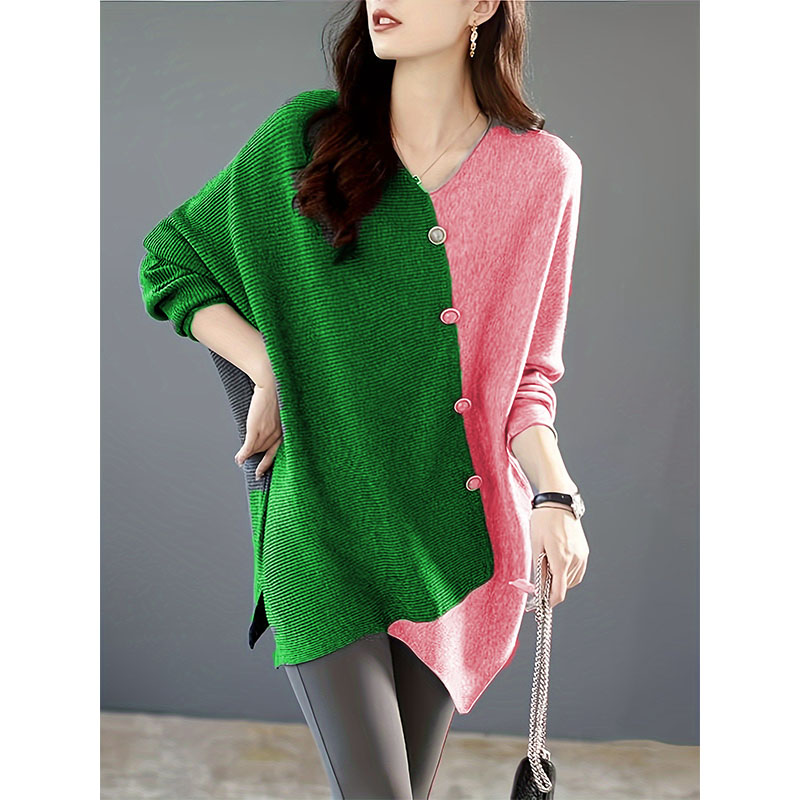 custom OEM ODM Color Block V Neck Sweater, Elegant Long Batwing Sleeve Button Decor Asymmetric Hem Sweater Women's Clothing