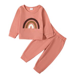 Autumn Newborn Infant Toddler Clothes Set Casual Style Long Sleeve Waffle Rainbow Top Pants for Baby Boys