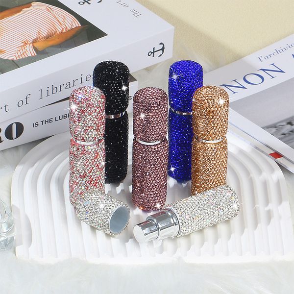Portable 10ml super shinny crystal pink white black blue plastic perfume spray bottle with box packaging