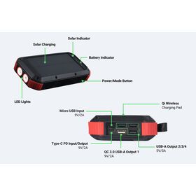 Oem/odm powerbank 30000mah FCC rohs ce smart powerbank wireless wireless charging solar power bank power bank red