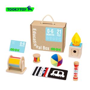 Montessori Wooden Tissue Box Toy Rain Stick 6 in 1 Early Education Box Spinning Drum for Baby 0-6 Months