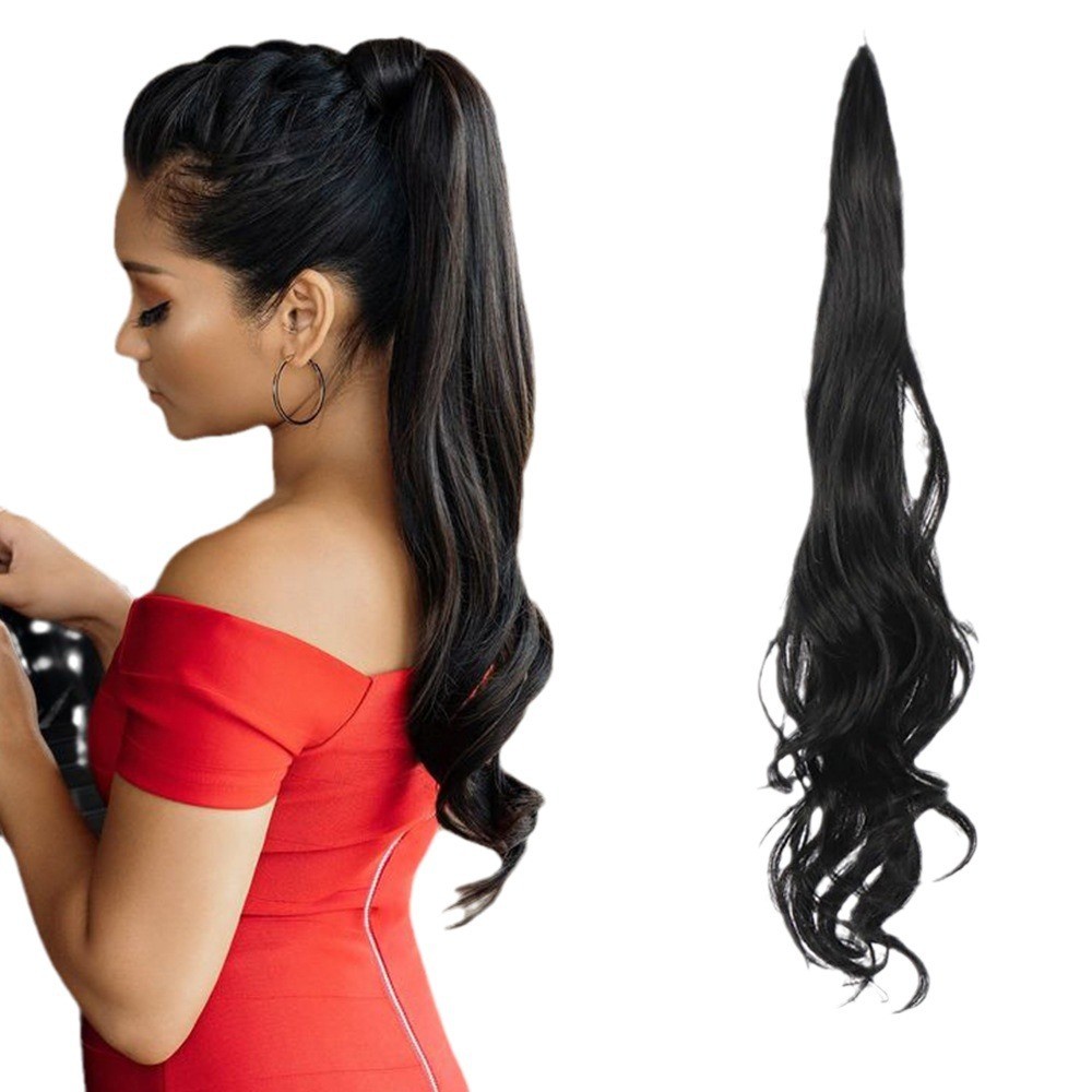 Changge City Linqing Hair Products Factory Blonde Ponytail Extension Flexible Wrap Around Pony Tails Hair Extension Long Hair Ponytail 32 Inch Synthetic Hair piece