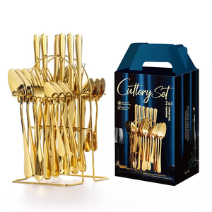 Kitchen Couvert 24Pcs Gift Box Bestek Cubiertos Stainless Steel Silverware Flatware Gold Spoon And Fork With Stand Cutlery Set