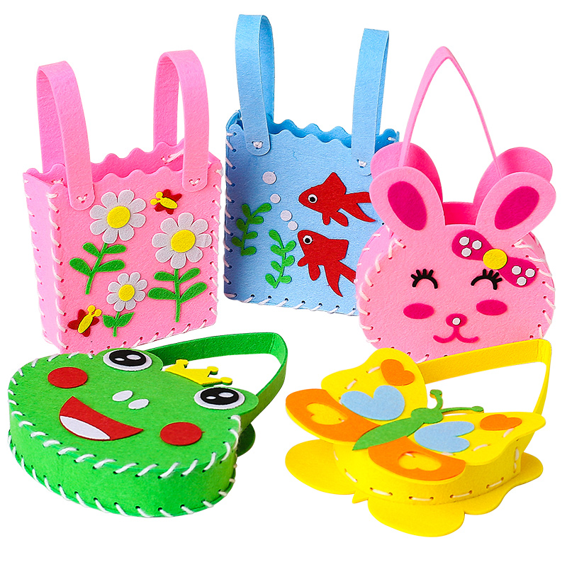 Children Beginners Educational Sewing DIY Handmade Gift Sticker Crafts Kits Animal Felt Bag Fabric Toys Sewing Kids Art