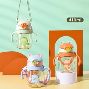 410mL Cartoon cute kids HANDGRIP water bottle Outdoor child Drinking water Bottle with Straw Baby Feeding Cup for Kids