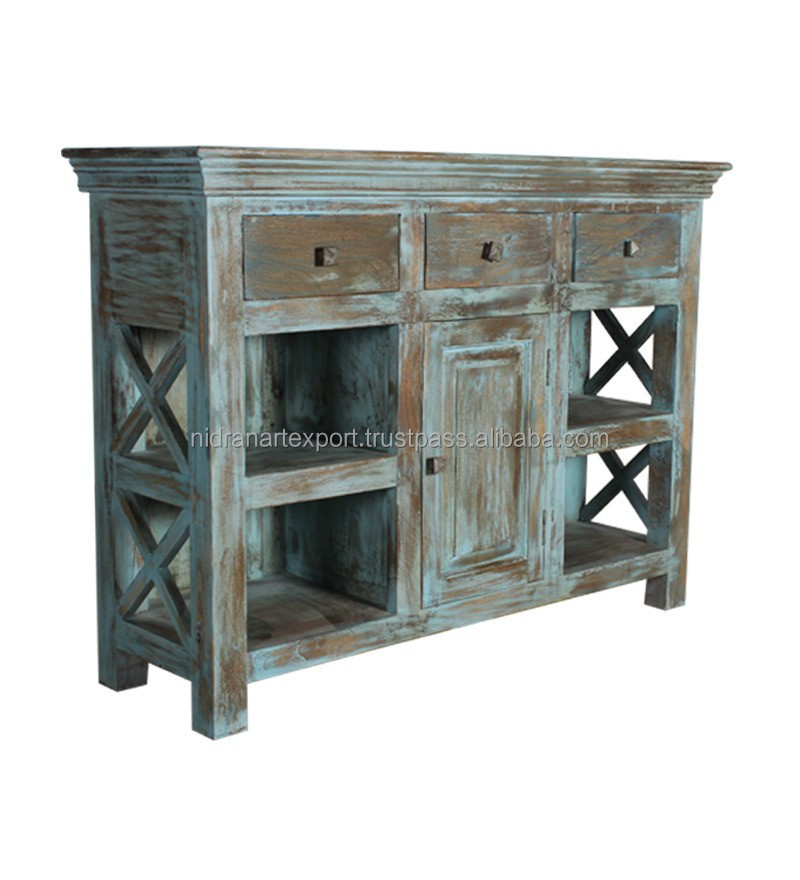 Industrial & Vintage Mango Wood Cabinet Rustic Antique Side Board for Living Room Solid Storage Home Hall Kitchen Farmhouse