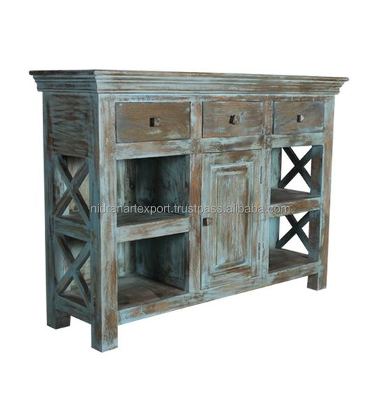 Industrial & Vintage Mango Wood Cabinet Rustic Antique Side Board for Living Room Solid Storage Home Hall Kitchen Farmhouse