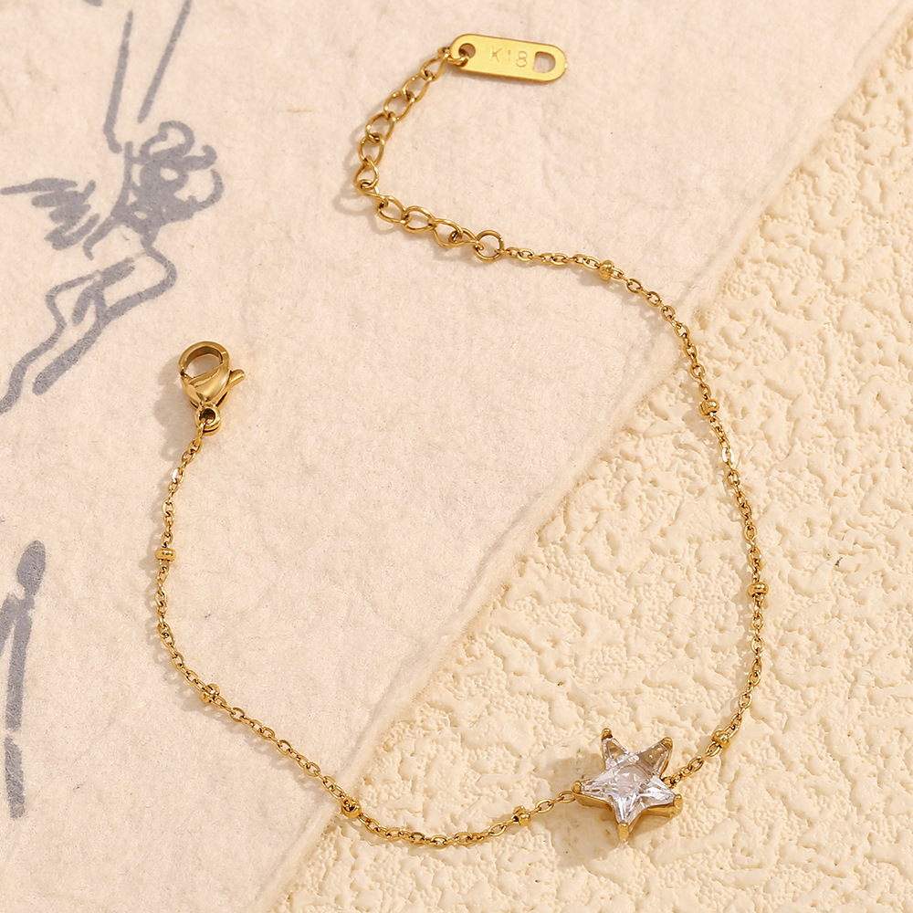 Stainless Steel Plated 18K Gold Bracelets White Diamond Five-pointed Star Bead Chain Bracelet for Women