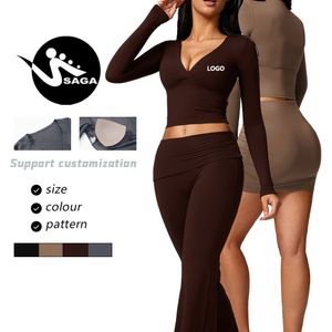 High Quality Women Yoga Gym Workout Clothing Fitness Sports Sexy U Back Color Block Halter Crop Long Sleeve Crop Top