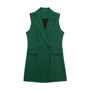 Women Olive Color Double-breasted Notched Collar Sleeveless Casual Ladies Fashion Vests