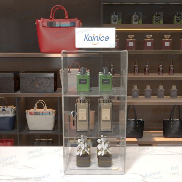 Kainice middle perfume essential oil bottle organizers cosmetic shop display rack acrylic perfume table display stand with lock