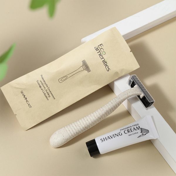 Hotel amenity 3 stainless steel blades razor 10g shaving cream eco friendly craft paper packed hotel shaving kits