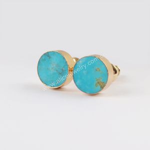 wholesale 8mm real natural blue turquoise jewelry women round turquoise stud earrings