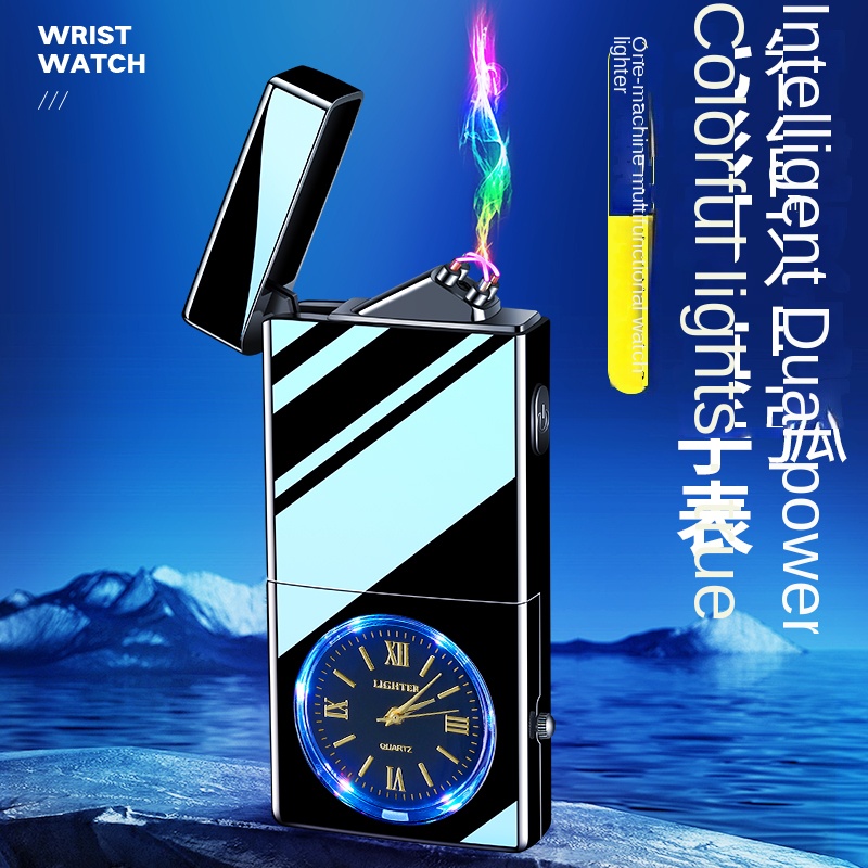 Wenzhou Zuohu Cigarette Set Co., Ltd. New Metal Real Watch With Lighting USB Charging Dual Arc Lighter Double Arc Lighter For Cigarette