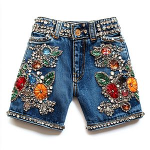 DiZNEW denim jeans custom Men's denim shorts Rhinestone stitching distressed embroidered patch cut with raw hem denim shorts