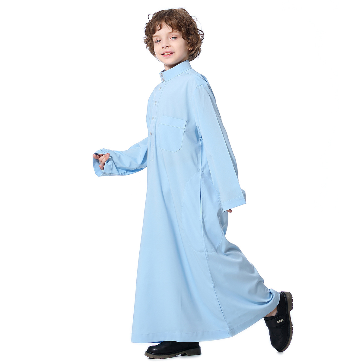 Shenzhen Plus One Clothing Co., Ltd. Wholesale Arabic Islam Long Sleeve Button Robe Children's Muslim Clothing Dubai Kaftan Turkish Boy's Thobe