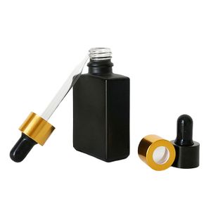 Most popular matte black 30 ml rectangle shape serum packaging glass essential oil bottle with aluminium droppers
