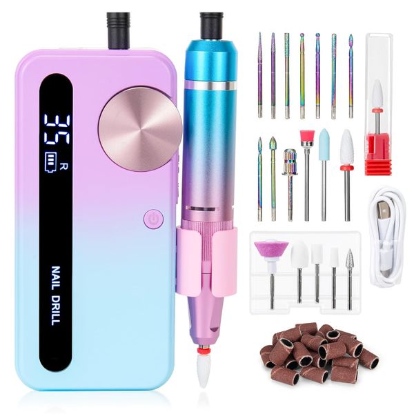 Professional Electric Nail Drill Machine, Rechargeable 35000 RPM Nail File E File for Acrylic Nails Cordless with 18 Bits Kit