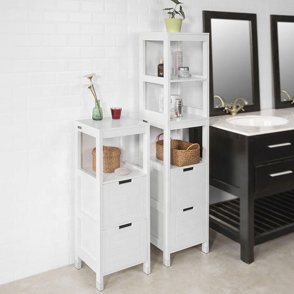 Household Slim Bathroom Storage Rack Organize Corner MDF Narrow Floor Cabinet with 2 Drawers 3 Open Shelves for Living Room