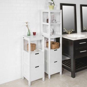 Household Slim Bathroom Storage Rack Organize Corner MDF Narrow Floor Cabinet with 2 Drawers 3 Open Shelves for Living Room