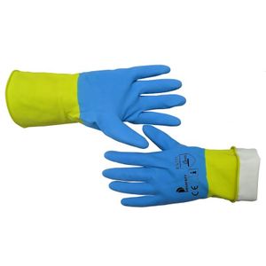 Bi-Color Double Color Blue & Yellow Household Latex Gloves Luvas Guantes Dip Flock Liner Fishscale Grip Roll Cuff