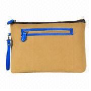 Cosmetic Bag with Short Handle and Two Zipper Closure Top, Made of Faux Suede