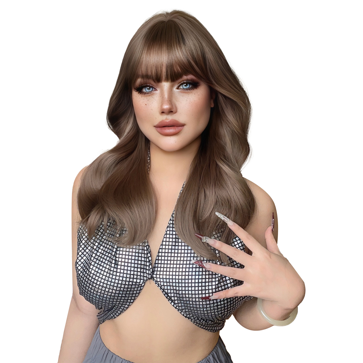 Guangzhou Zhiyouliliang Trading Co., Ltd. 20Inch Milk Tea Brown Synthetic Wigs with Bangs Long Natural Wavy Hair Wig for Women Daily Use Cosplay Drag Queen Heat Resistant