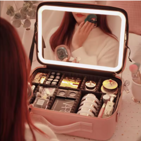 Travel Makeup Bag Pu Leather Cosmetic Bags Cases Toiletry Bag With Led Light And Mirror