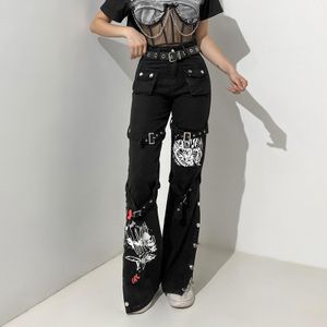 SKYKINGDOM Wholesale New Design Women Denim Jeans Button Black Color Floral Print Jeans For Woman