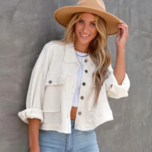 Women's Long Sleeve European American Style Top Hot Foreign Trade Crocheted All-Match Solid Color Button with Pocket Over-sized