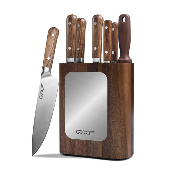 QXF 7 PCS German 1.4116 Stainless Steel Kitchen Knife Set Zebra Wood Handle Kitchen Knife with Wooden Knife Stand