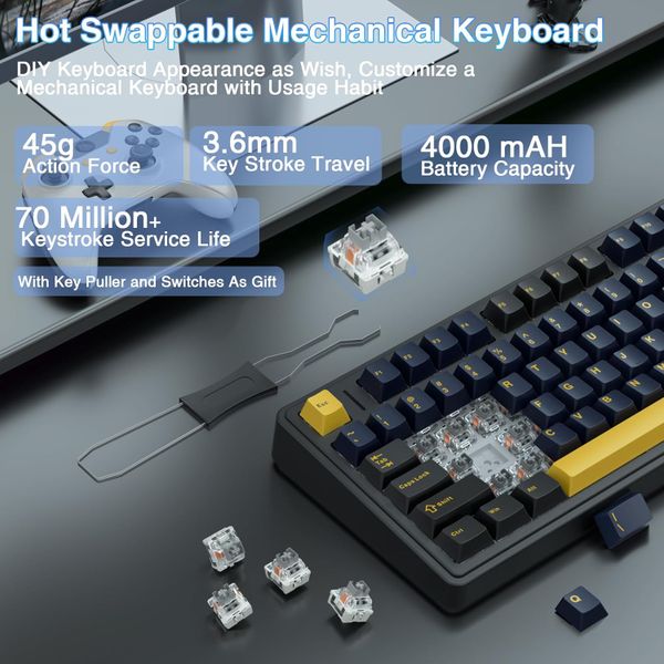 F75 75% Wireless Mechanical Keyboard,Gasket Hot Swappable Custom Keyboard,Pre-lubed Greywood Switches RGB Backlit