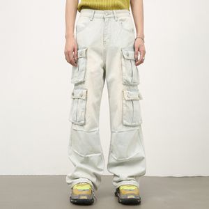 Customized men's jeans streetwear hip hop casual wide leg jeans stone washed loose straight baggy cargo jeans for men