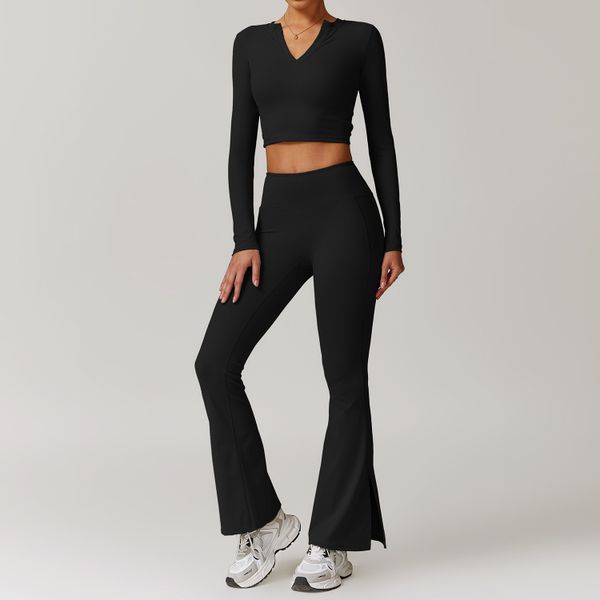 new fall 2024 women clothes nylon V neck long sleeves t-shirt crop top and flared pants two 2 pieces set tracksuit set yoga wear