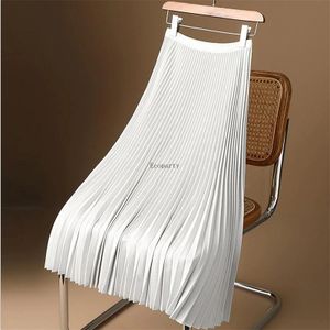 2024 Plus size length Dropshipping Summer Women's Midi Pleated Skirts Satin Elastic High Waist Plain Skirt Korean A-line Skirt