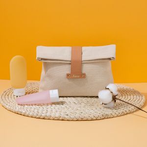 Wholesale Canvas Recycled Cotton Pu Patch Logo Envelope Folded Closure Cosmetic Bag Women Makeup