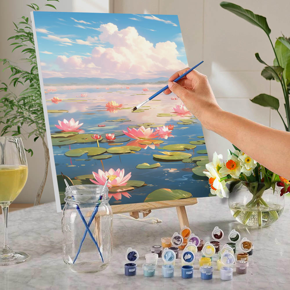 1pc painted according to numbers, DIY pigment painted according to numbers to decorate the scenery, lotus frameless painting