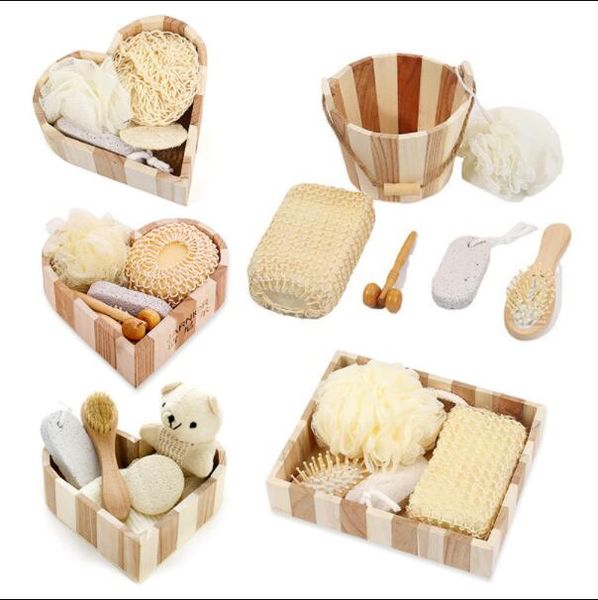Stock hot sell bath supplier Beautiful Shower Puff Comb Scrubber Wooden Bath spa  shower Gift Set