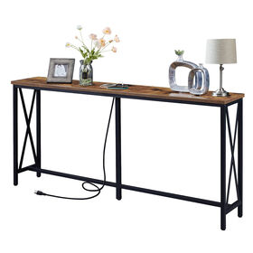 Console table with socket and USB port, metal frame ultra long entrance, narrow sofa table in living room and hallway
