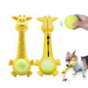 Pet Supplier Giraffe Food Leaking Feeder Rubber Food Dispensing Dog Toy Silicone Dog Treat Toy with Squeaky Tennis Ball