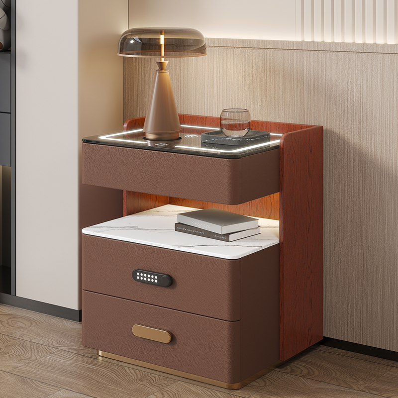 Ganzhou Mingwuju Furniture Co., Ltd New smart bedside table light luxury modern bed side table wood nightstand bedroom furniture versatile leather bedside table